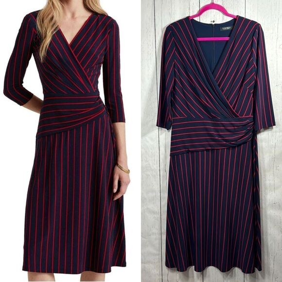 Lauren Ralph Lauren Striped Faux Wrap Dress Navy Pink Size 12 Career Cocktail - Picture 1 of 14